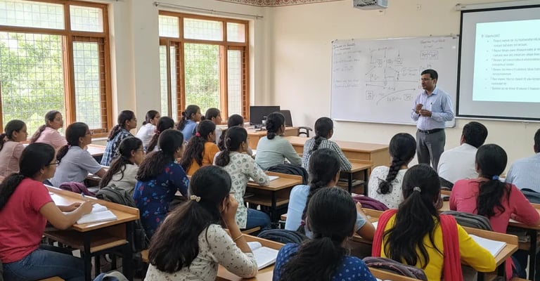 Teacher explaining C programming concepts to students in a classroom with projector