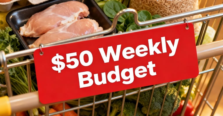 Grocery cart filled with budget-friendly healthy foods 