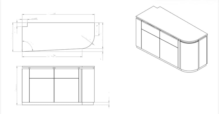 Technical 2D and 3D CAD drawing of a curved office reception desk with dimensional measurements.