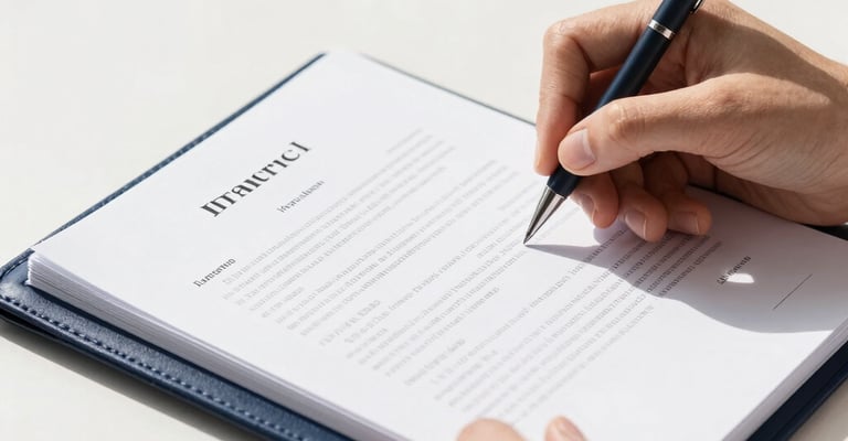 Close-up of hands reviewing legal documents and taking notes in a leather notebook, bright natural daylight, clean white and deep navy tones, professional editorial style.