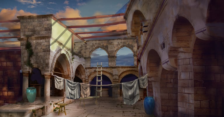 stage projections Mary's home in Bethlehem