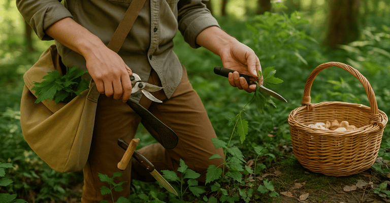 Person harvesting wild plants into baskets using knife and canvas bag during foraging expedition