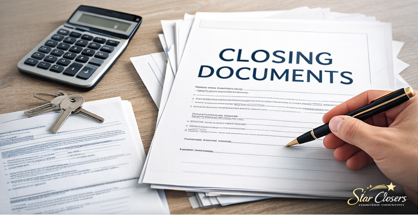 Real estate closing documents on a desk with a calculator, house keys, and a hand holding a pen to sign.