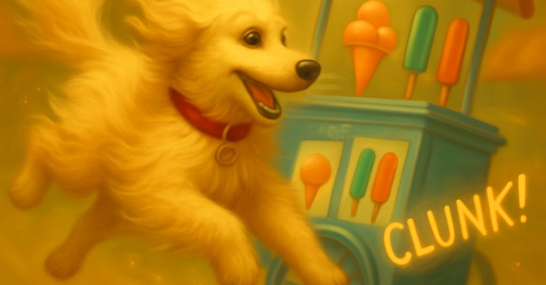 a dog is running around a carton with a carton