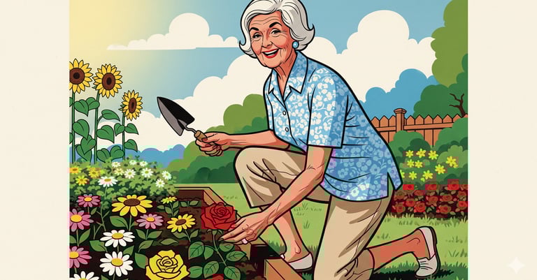 An elderly person walking confidently on a scenic trail, looking healthy and active. The sun is shin