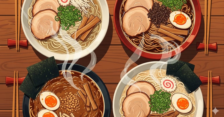 A steaming bowl of Japanese ramen with various toppings, illustrating the different types and flavor