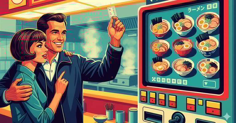 A person confidently using a Japanese ramen vending machine to order food, with a ticket in their ha