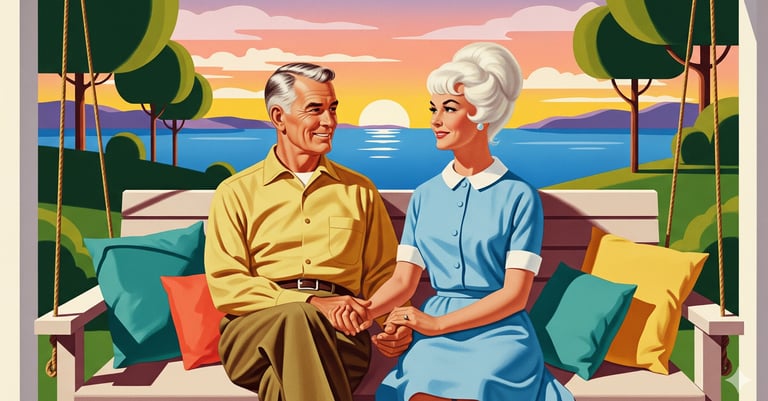 An elderly couple sits on a porch, holding hands and looking at a beautiful sunset, with a sense of 