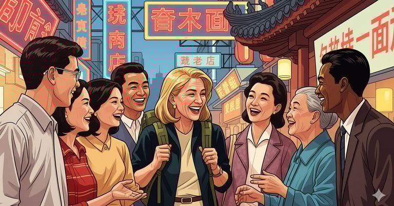 A photo of a Western traveler smiling with a group of Chinese locals in a bustling street market in