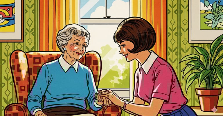 A compassionate caregiver holding the hand of an elderly family member, symbolizing support and care