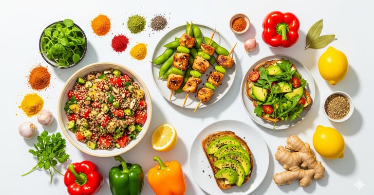 A vibrant flat-lay of assorted natural ingredients and prepared healthy meals. The image shows a bow