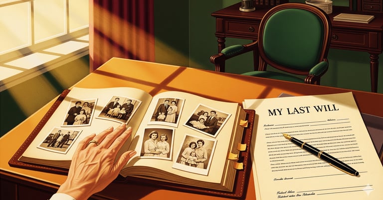 An open, antique-looking photo album filled with black and white photos of a family, with a simple, 