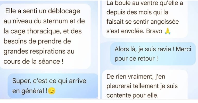 Capture d'écran de témoignages clients positifs après une séance de bien-être et de relaxation.