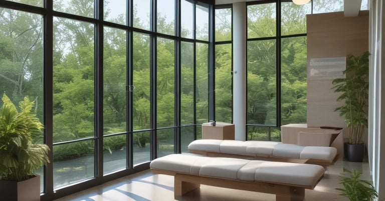 A serene therapy room with calming colors and comfortable seating.