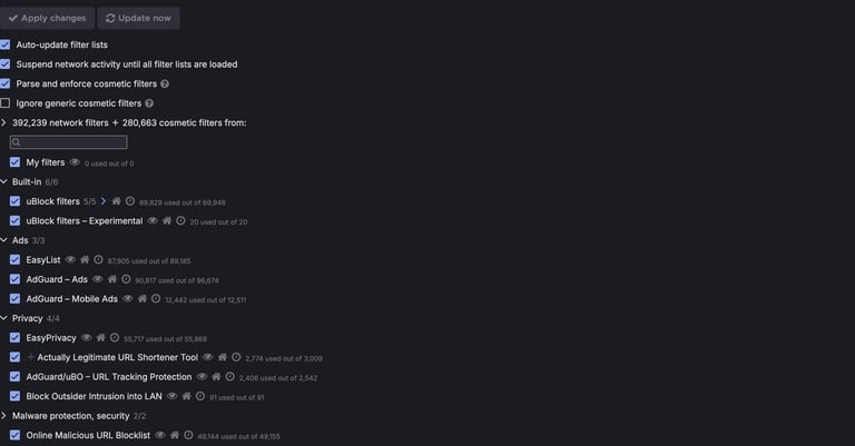 uBlock Origin filter lists dashboard showing ad blocking and privacy settings in dark mode.