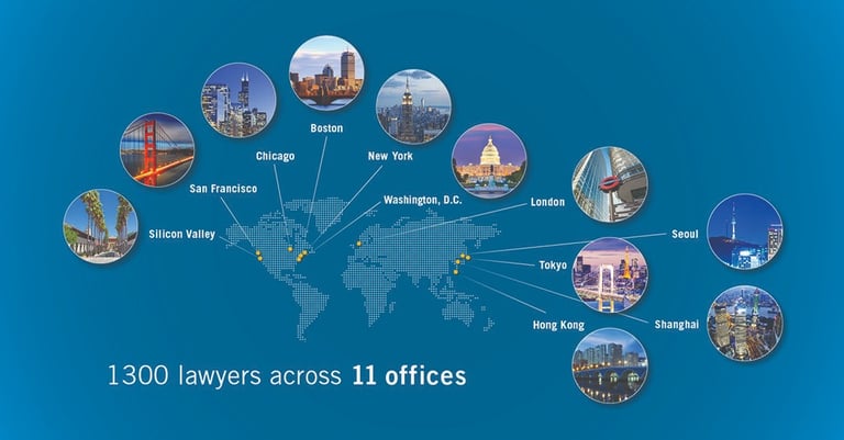 World map showing 11 global law firm office locations with city skyline icons and legal team statistics.
