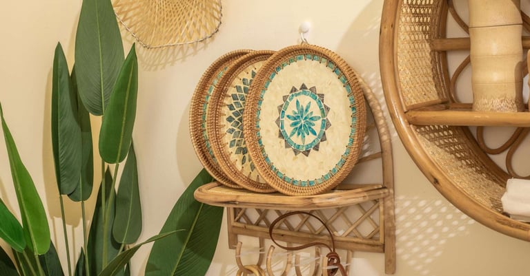 a shelf with a basket weave basket and a basket with a basket on it