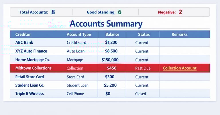 example credit report showing negative item such as late payment or collection account