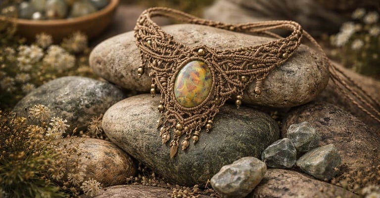 Collar de macramé hecho a mano, con una piedra de ópalo como pieza central, exhibido sobre piedra