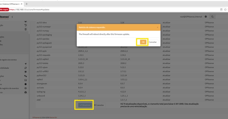 Tela final aplicando as atualizações de segurança do OPNsense