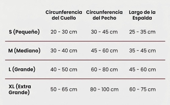 Tabla de clasificación de medidas de un perro en base a las medidas del cuello, pecho y espalda