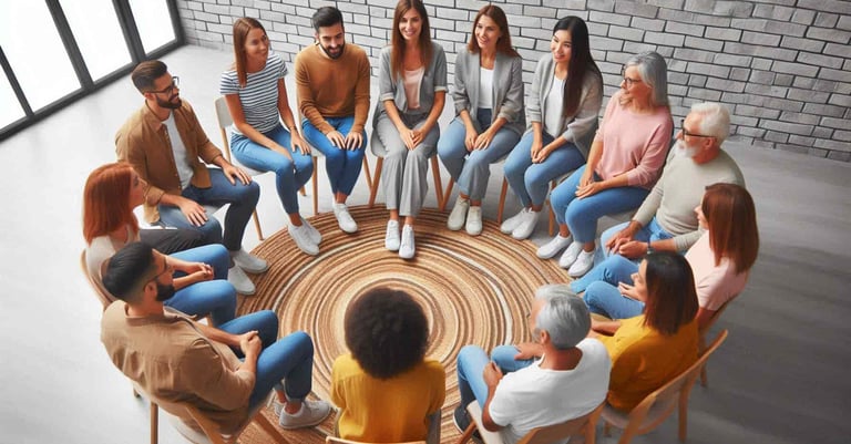 un grupo de personas formados en circulo practican talleres y retiros en CIA Balance