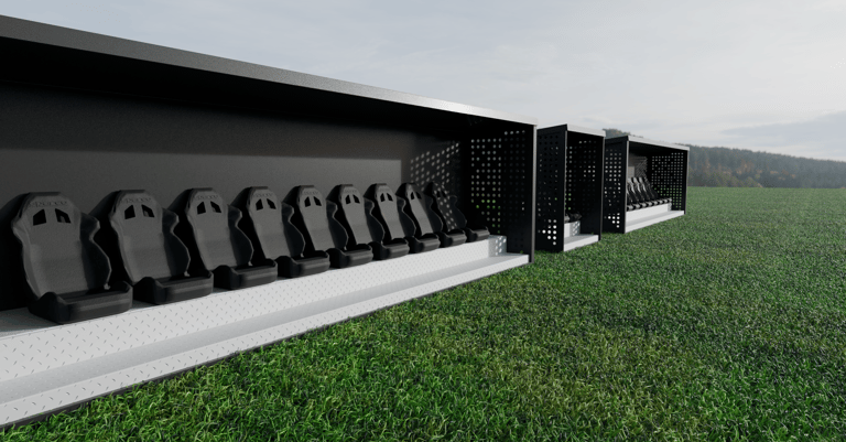 Vista lateral en perspectiva de módulo modular para eventos con graderío cubierto y escalera