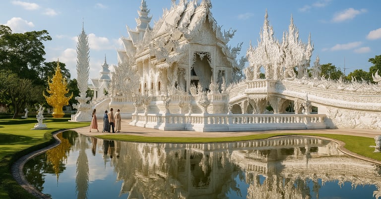 Chiang Rai’s White Temple (Wat Rong Khun) with intricate white architecture and mirrored mosaics reflecting in a peaceful pon