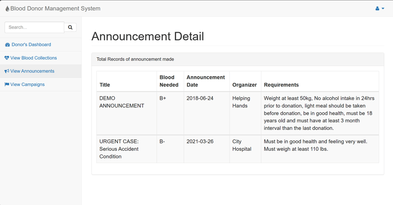 Blood Donor Management System - View Announcements Page