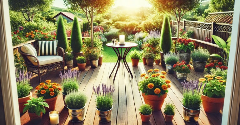 Deck surrounded by mosquito-repelling plants like lavender and basil.