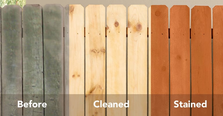 Comparison of fence restoration stages: weathered grey wood, cleaned surface, and newly stained fini