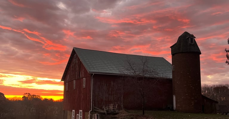 red lavender storage barn in Pennsylvania at sunrise on our lavender farm, #LavenderFarm