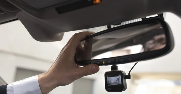 Dashcam debajo de un espejo retrovisor y la mano de un hombre acomodandola