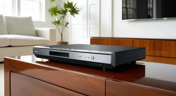 Reproductor Blu-Ray sobre una mesa de madera y una sala en el fondo