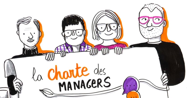 a group of people holding a sign that says, "la charte des managers"