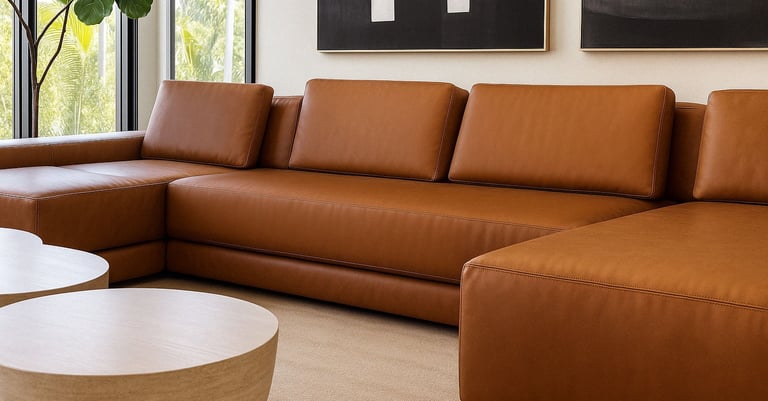 Tan leather sectional sofa with clean lines, by Solo Home Decor in a modern space.