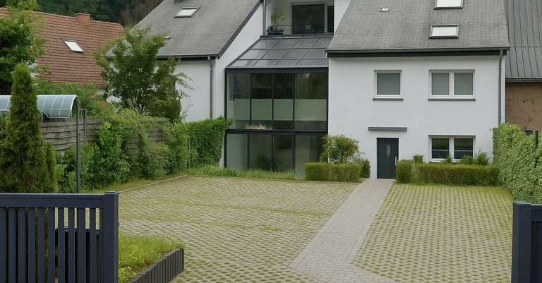 Maison moderne blanche avec grande véranda en verre et allée pavée entourée de verdure.
