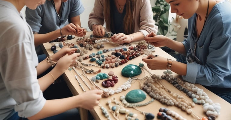 Close-up of hands weaving natural stone macramé jewelry in a cozy workshop setting.