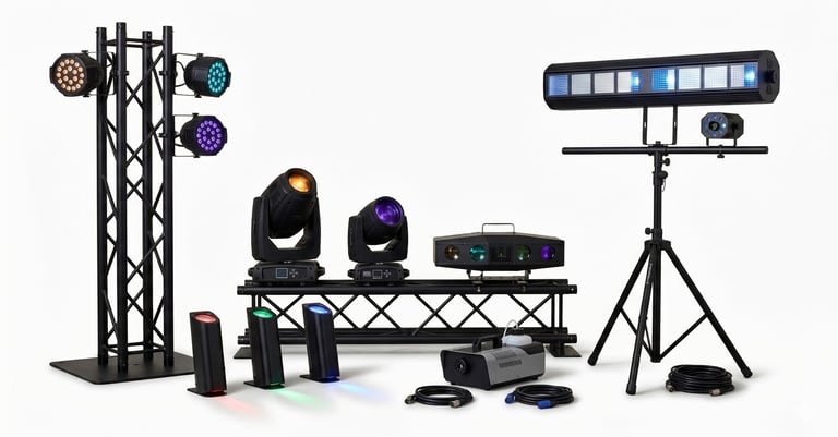 a variety of lights , trussing and fog machines
