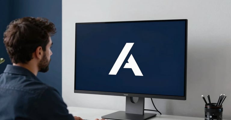 High-end photography of a minimalist design studio in Baghdad. A Middle Eastern professional is reviewing a sleek logo concept on a large monitor. The lighting is soft and cinematic, with dark blue and white accents in the room.