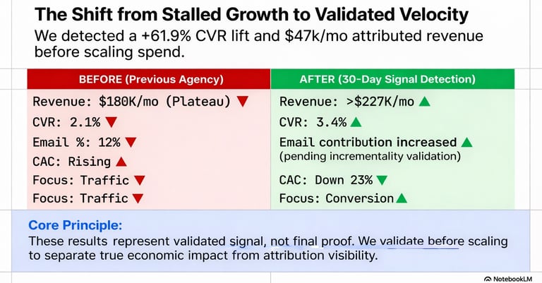 Before intervention, the focus was traffic driven growth with declining efficiency. After the 30 day