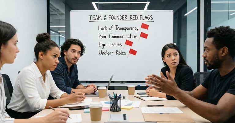 Startup team meeting discussing founder red flags