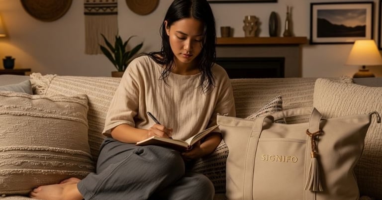 Seorang model wanita dengan tote bag modern berwarna pale desert sand dari kain kanvas polyester SIGNIFO