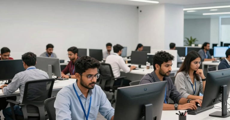 A wide shot of a modern Indian technology hub workspace with South Asian / Indian professionals working at organized desks. The lighting is bright and clean, reflecting a white and light grey interior design.