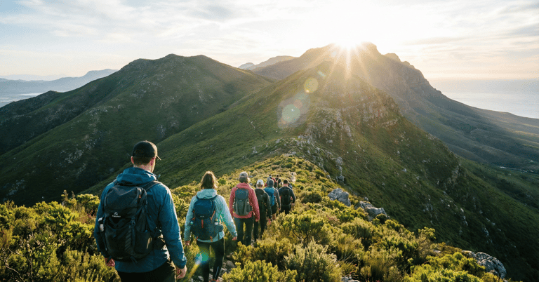 Group of adults hiking outdoors during a 1 week fitness program in South Africa.