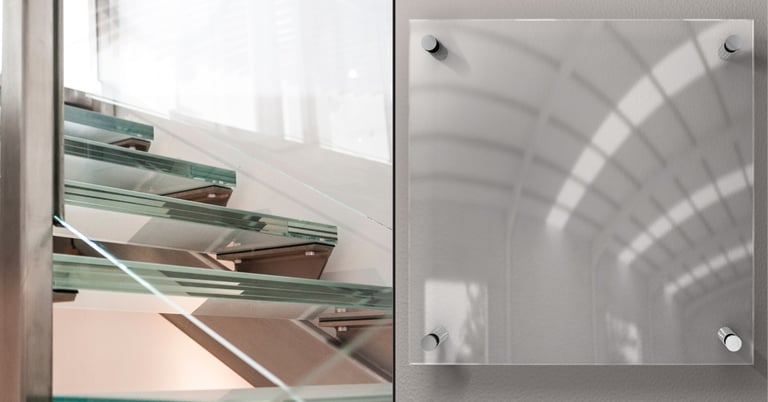 side by side image of a glass stairs and a acrylic wallframe