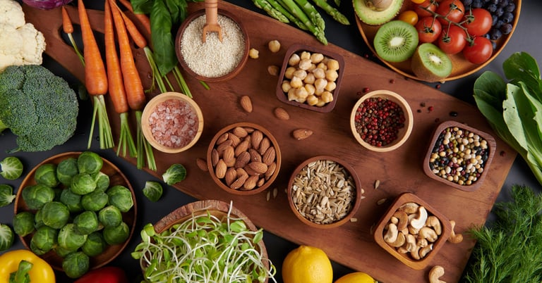 Fiber rich food items on a large countertop
