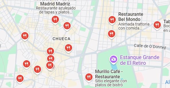 mapa de restaurantes en el centro de la ciudad de Madrid en Google Maps