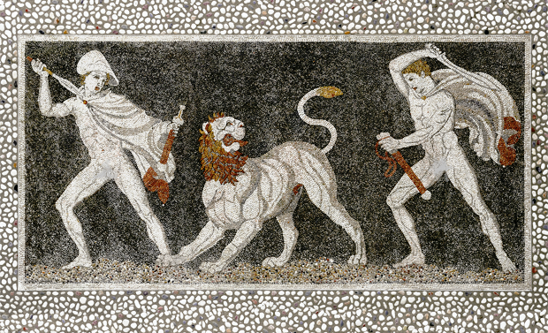 Ψηφιδωτό που παριστά κυνήγι λιονταριού απ' το μουσείο της Πέλλας.