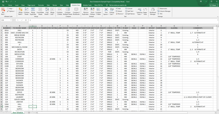 Image of a door schedule after it has been transferred to a MS Excel spread sheet. 